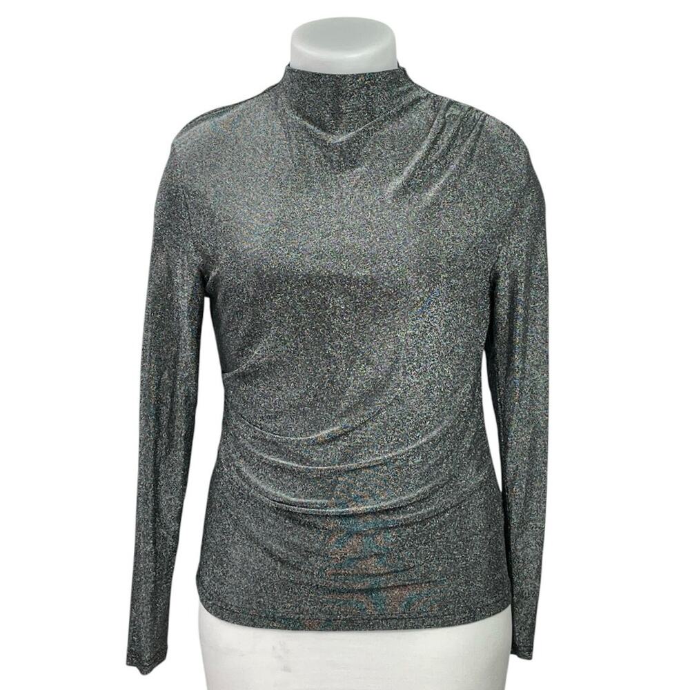 TU Silver Metallic Sparkle Ruched Mock Neck Long Sleeve T-Shirt Blouse Top Sz 16